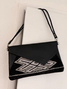 Moroccan Artisan Handmade Leather Fold Over Clutch Bag w/ Handwoven Rug Pattern